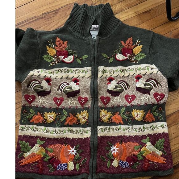 Fall Chicken Thanksgiving Flower Knit Vintage Green Granny Zip M Sweater RN83437 - Picture 2 of 6
